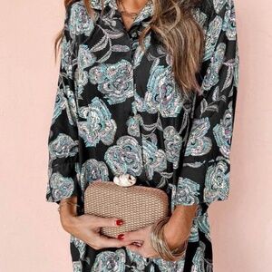 Black Floral Print Lapel Collar Loose Shirt Dress Large